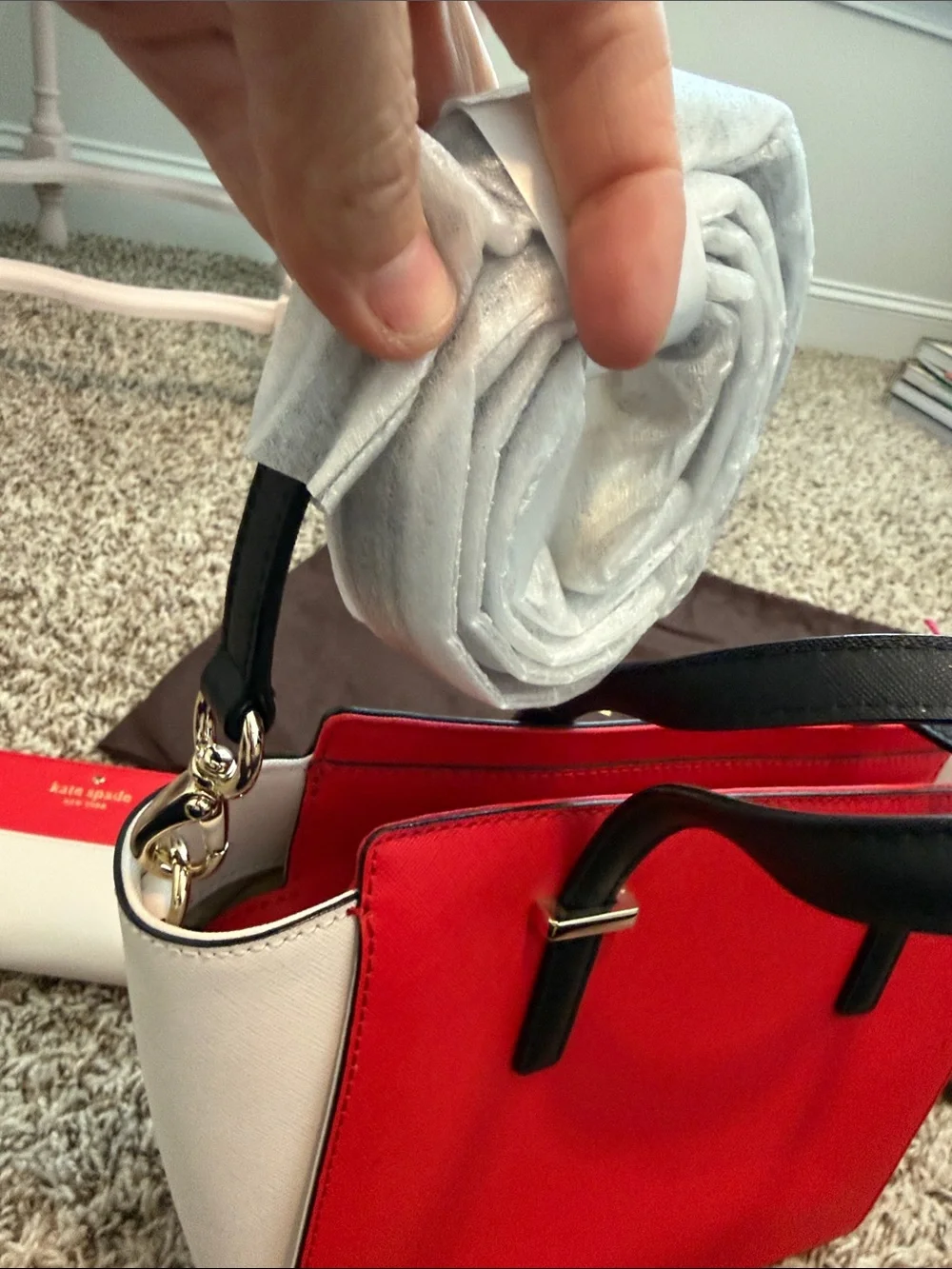 kate spade Red, Cream & Black Colorblock Saffiano Satchel with Wallet